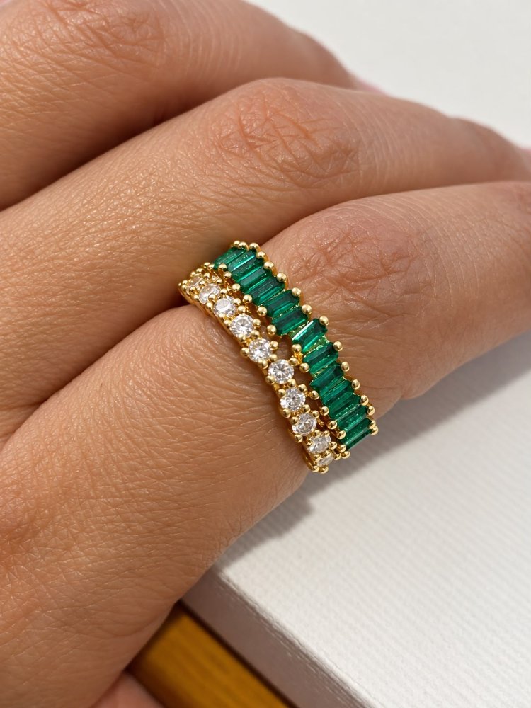 Anillo doble zircones verdes y blancos - 1589