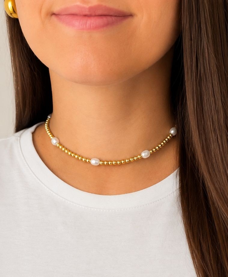 Chocker dorado balines y perlas - 889