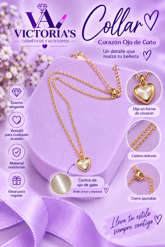 COLLAR CORAZON MINI OJO DE GATO DORADO