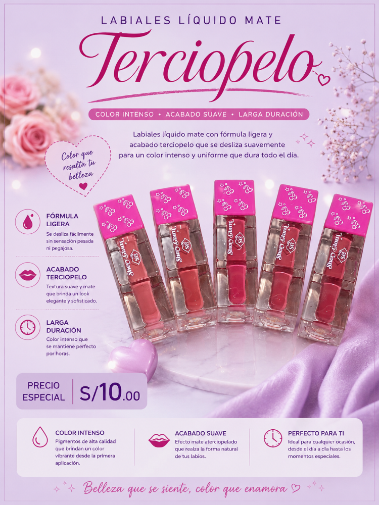 LABIAL LIQUIDO MATE TEXTURA VELVET SHERY GLAM