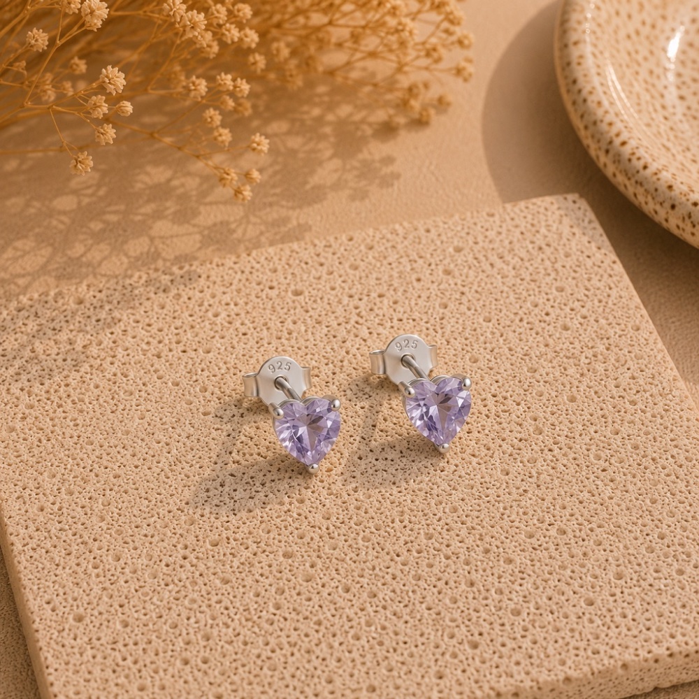 Aros Corazón Circón Lila – Plata Italiana 925