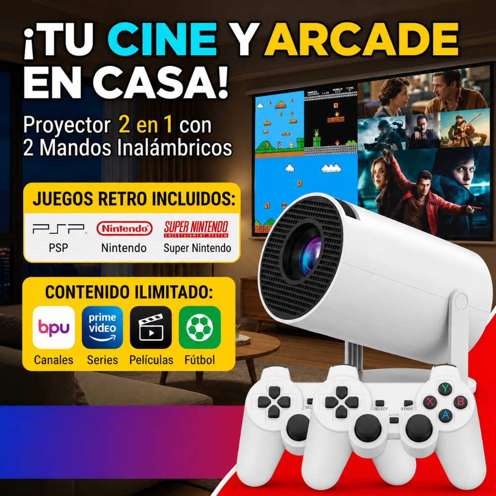 Proyector Android gamer con juegos retros dos mandos y canales de televisión