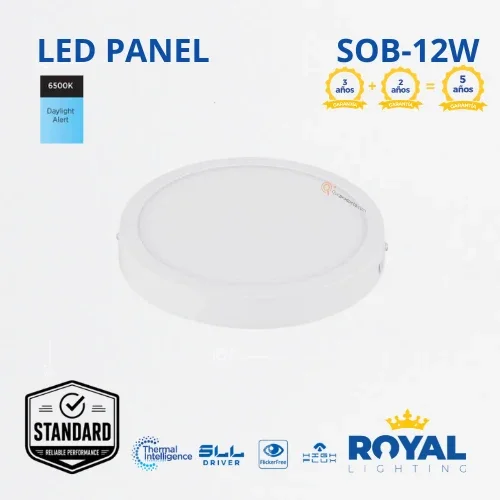 LED Panel redondo 12W Sobreponer, 6500k, 900 lm, IRC 80, 120G, 100-240V, Marca Royal Lighting