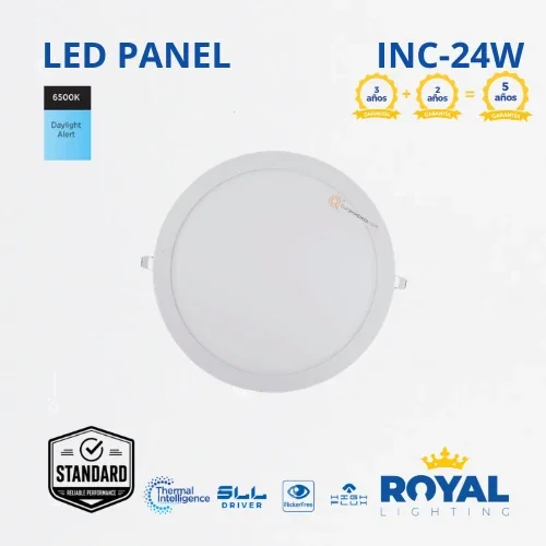 LED Panel redondo 24W incrustar, 6500k, 1920 lm, IRC 80, 120G, 100-240V, Marca Royal Lighting