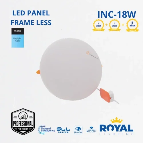 LED Panel redondo 18W incrustar Frame Less, 6500k, 2160 lm, 120G, 100-240V, Marca Royal Lighting