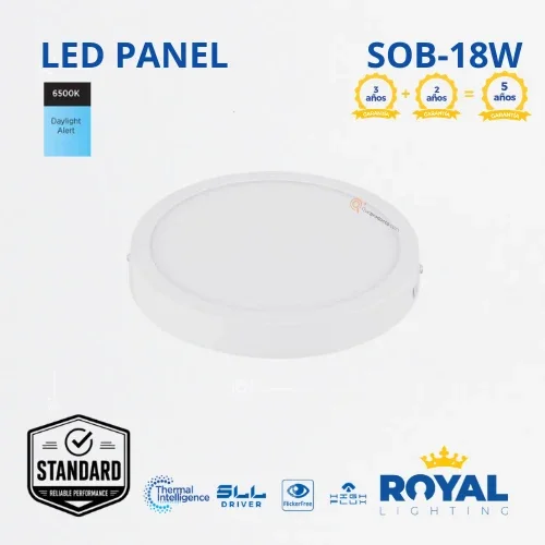 LED Panel redondo 18W Sobreponer, 6500k, 1440 lm, IRC 80, 120G, 100-240V, Marca Royal Lighting
