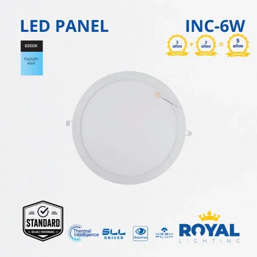 LED Panel redondo 6W incrustar, 6500k, 330 lm, IRC 80, 120G, 100-240V, Marca Royal Lighting