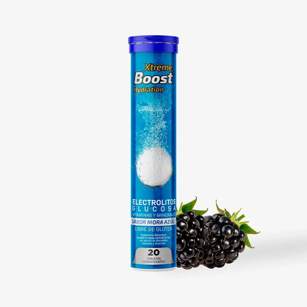 Electrolitos Glucosa Vitaminas y Minerales 20 Tabletas Sabor Mora Azul Xtreme Boost
