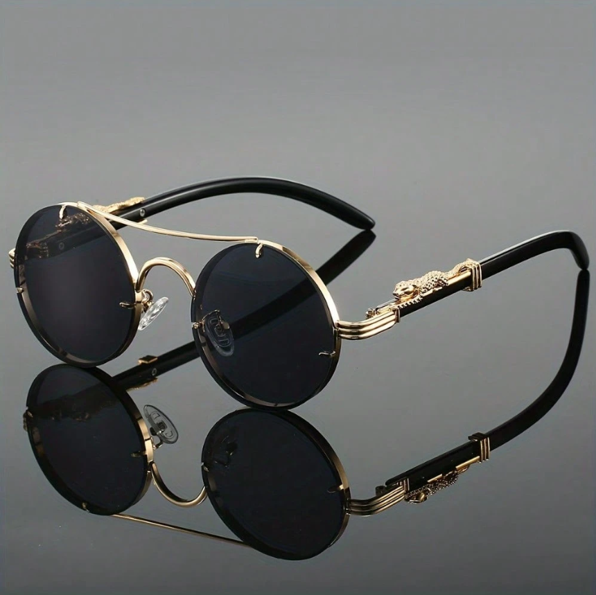 Lentes Savannah Gold negros con montura negra y detalle de leopardo dorado