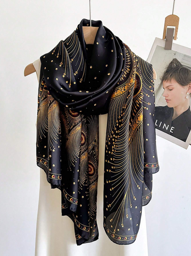 Pañuelo largo con diseño negro y dorado