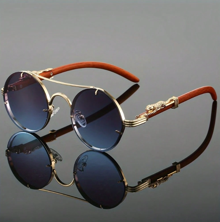Lentes Savannah Gold azules con montura marron y detalle de leopardo dorado