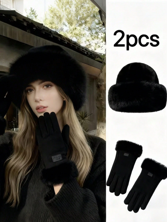 Set gorro + guantes peludo negro