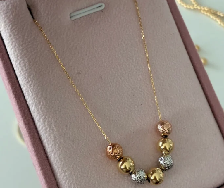 CADENA MINI ROLON + 7 BOLAS 6MM DIAMANTADOS TRES OROS ITALY 18K 45CM - 2,7GR