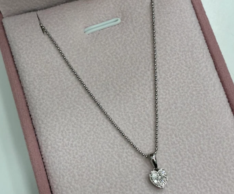 CADENA MINI MILITAR 1.2MM + DIJE CORAZON 0,14CTS DIAMANTES NATURALES ORO BLANCO ITALY 18K 50CM - 2,57GR