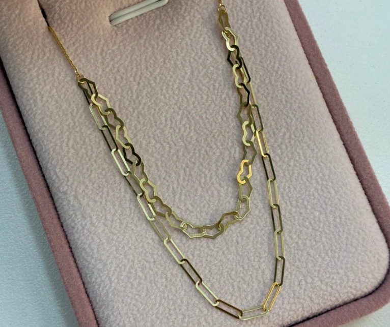 CADENA MINI FRANCO + PAPERCLIP Y CORAZONES ORO AMARILLO ITALY ESP 18K 42CM A 45CM - 1,19GR