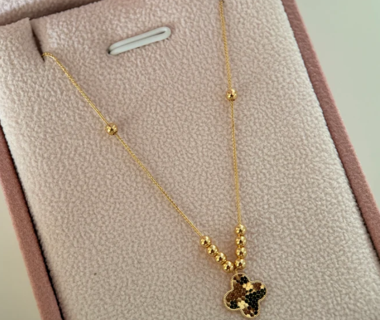 CADENA MINI FRANCO 0.6MM + DIJE TREBOL Y BOLAS LISAS ORO AMARILLO ITALY ESP 18K 45CM - 0,96GR