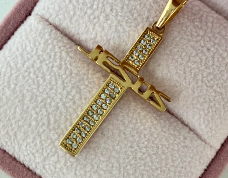 DIJE CRUZ PIEDRAS BLANCAS + JESUS LISO 3.7CM ORO AMARILLO COL 18K - 2,53GR