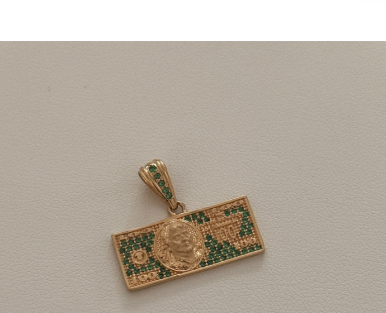 DIJE DOLAR DE $100 CIRCONES VERDES 2,1CM ORO AMARILLO 18K - 3,45GR *BD*