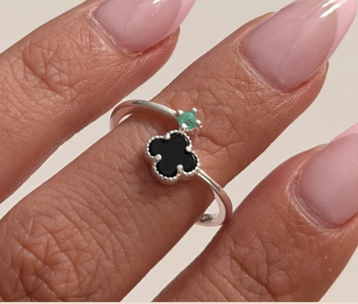 ANILLO ENTRELAZADO TREBOL NEGRO + ESMERALDA NATURAL PLATA 925 TALLA 6,7 y 8