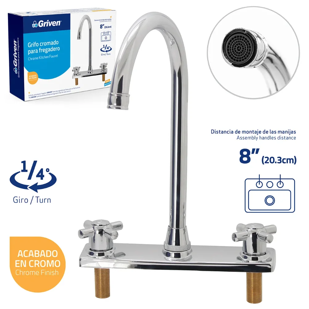 GRUPO FREGADERO 8" METAL C/CISNE CRUZ GRIVEN 4-596