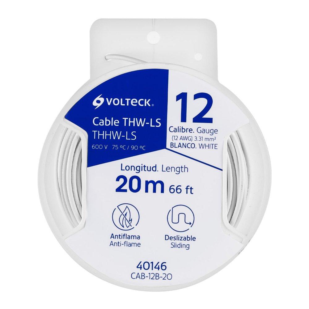 Carrete con 20 m de cable THHW-LS 12 AWG blanco, VOLTECK  40146