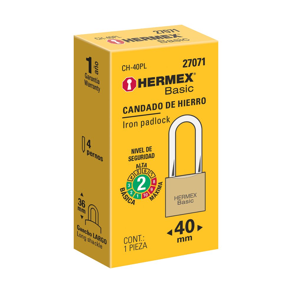 Candado de hierro 40 mm, color latón, largo, caja, BASIC  27071