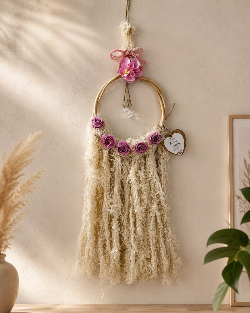 Aro de mimbre con flores, colgante
