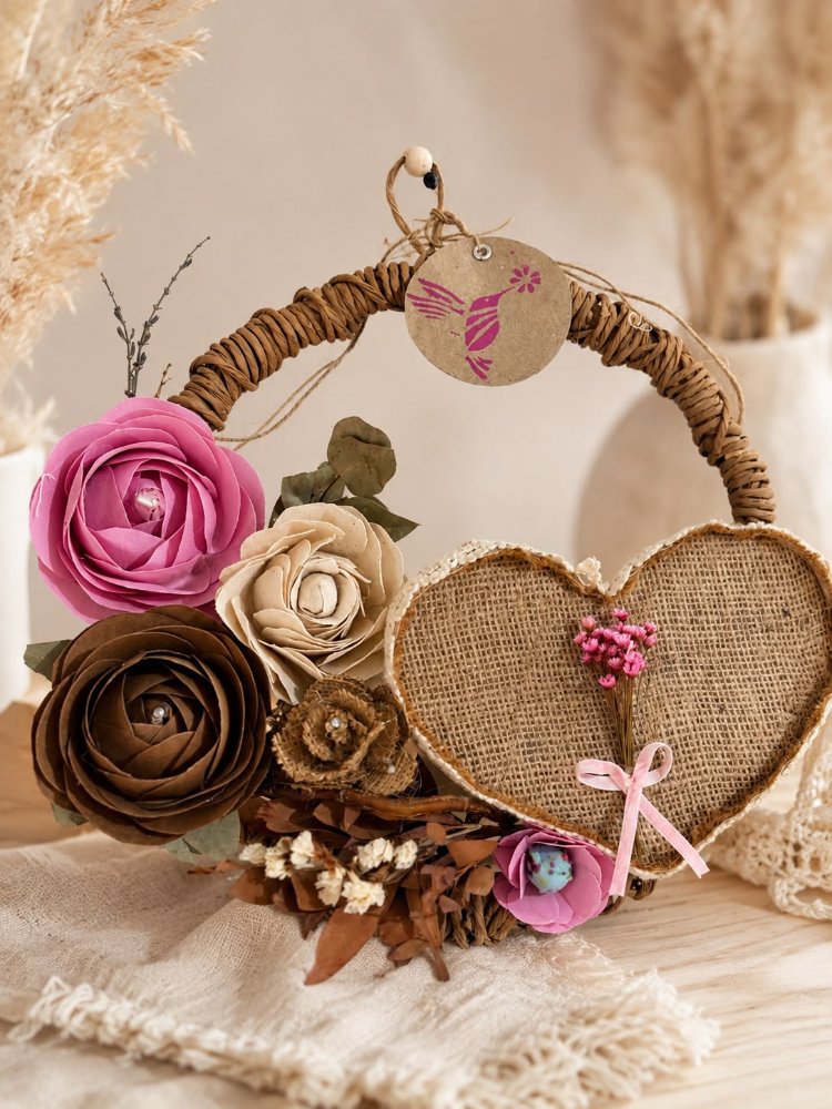 Aro de madera colgante de corazón con flores