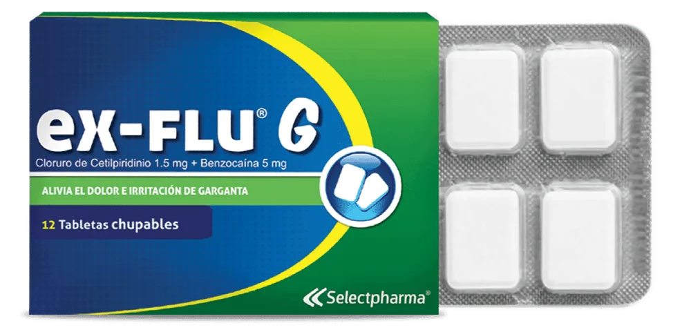 Ex-Flu "G" (antiséptico y anestésico local (cloruro de cetilpiridinio + lidocaína) Tabletas Chupables (Selectpharma)