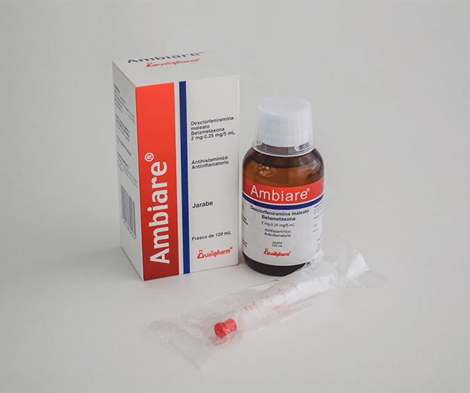 Ambiare Jarabe 120ml (Betametasona - Maleato de Dexclorfeniramina Cada tableta contiene: Betametasona 0.25 mg Maleato de dexclorfeniramina 2.0 mg)
