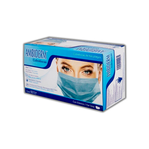 MASCARILLA DESCARTABLE CELESTE AMBIDERM. CAJA 50 Piezas