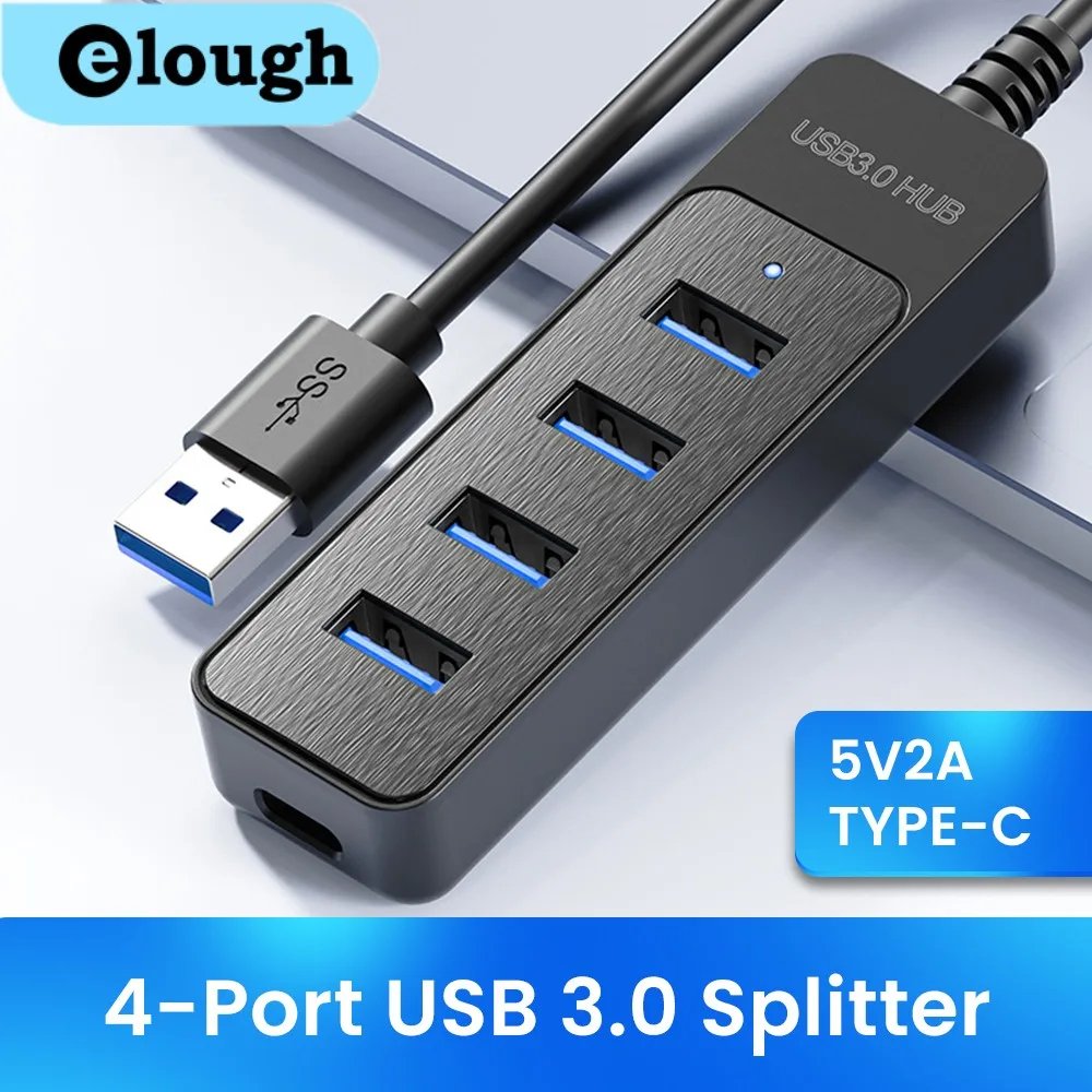 Elough Hub USB 3.0 de 4 puertos, divisor USB múltiple de alta velocidad, expansor múltiple USB 2.0/tipo C, adaptador de corriente para PC.