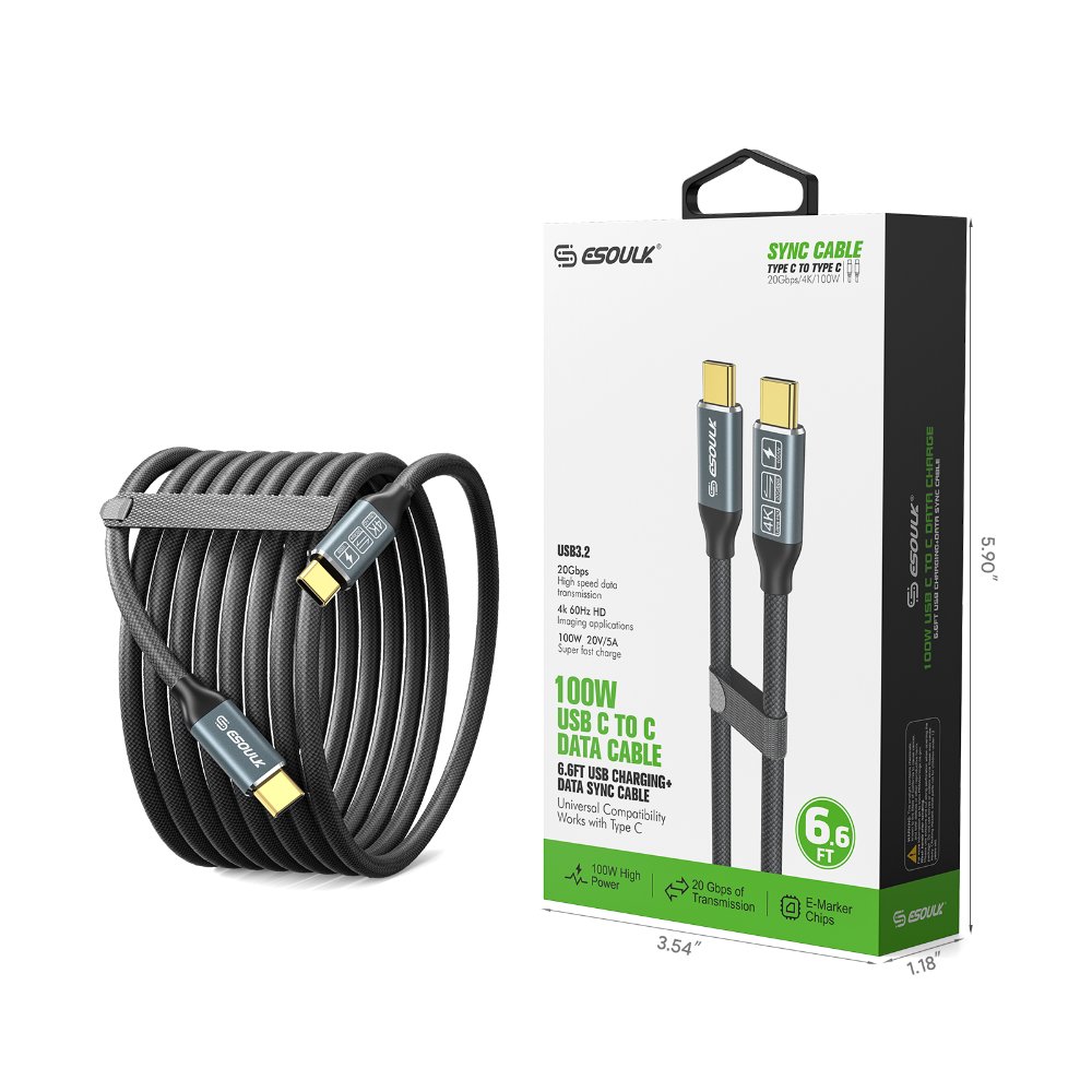 EK-1001BK 6.6Ft 100W USB3.2 USB-C To USB-C Charging & Data Cable