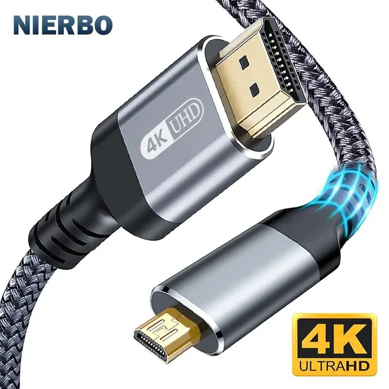 Cable NIERBO Micro HDMI a HDMI, macho a macho, cable trenzado, adaptador 2.0, 4K 2 Metro