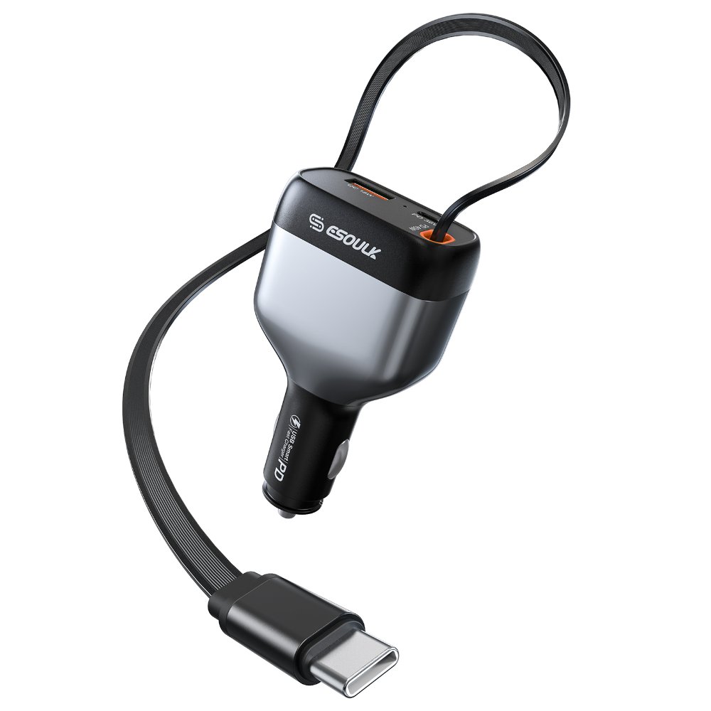 ESOULK EK2012-bk Cargador de carro con cable USB-C retráctil integrado de 81 W