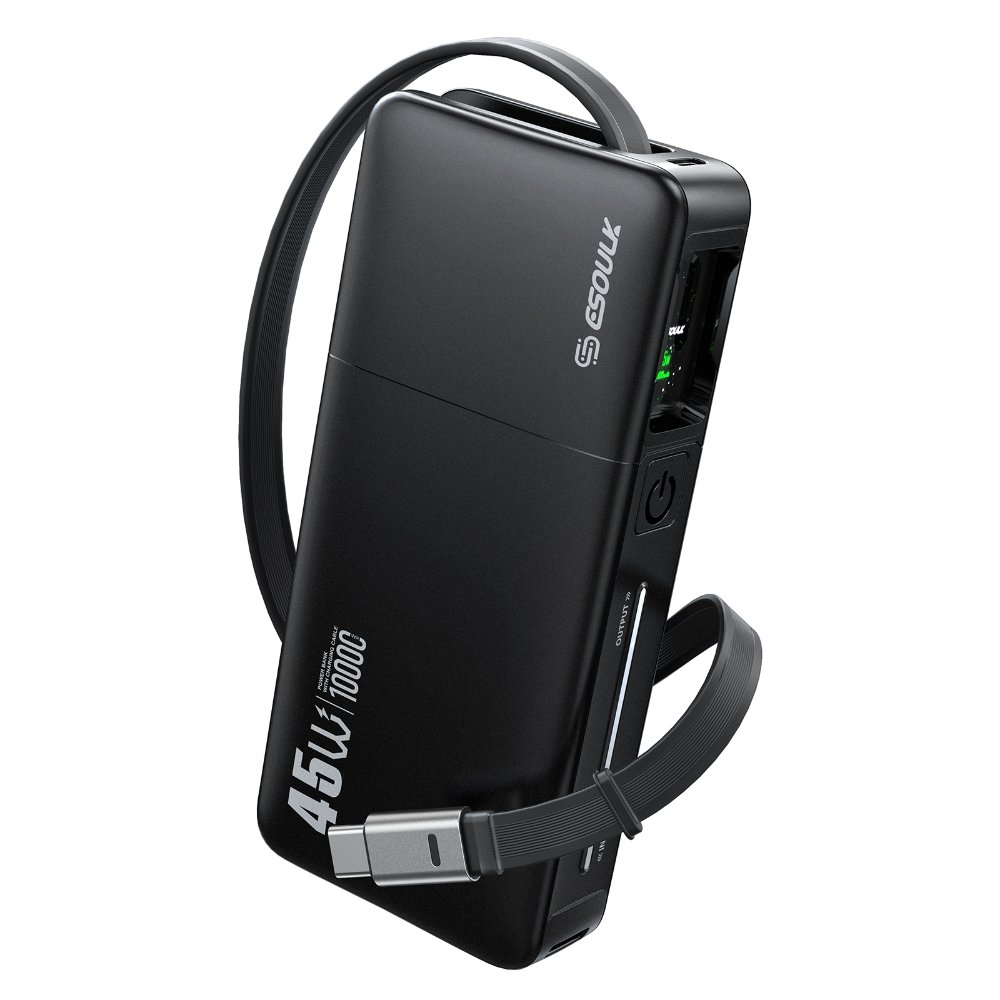 ESOULK EK-4011BK Batería externa de 10000 mAh con PD y cable retráctil integrado de 45 W
