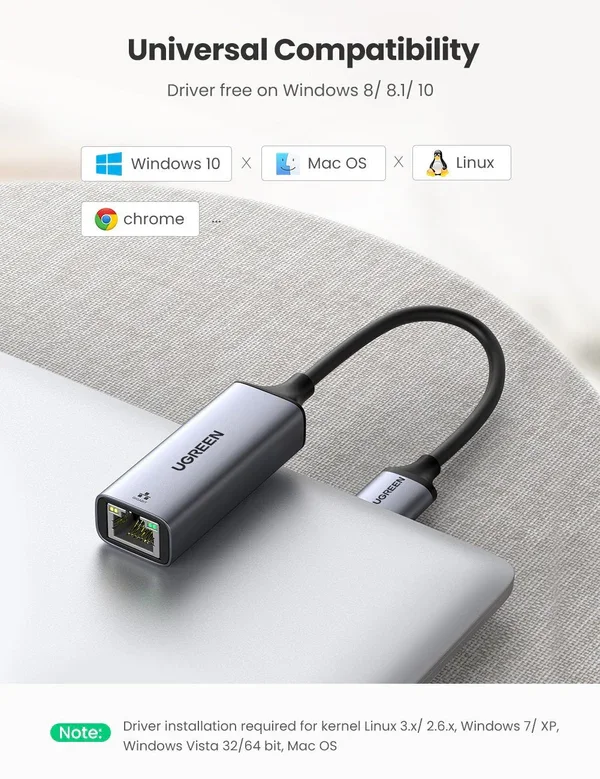 ADAPTADOR USB-A 3.0 A GIGABIT ETHERNET RJ45 10/100/1000Mbps NEGRO CR111 UGREEN