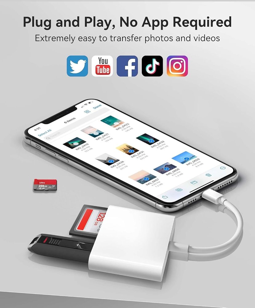 Lector de tarjetas SD para iPhone y iPad, adaptador de tarjeta con conector Lightning integrado y ranuras para SD, MicroSD y USB-A (3 ranuras).