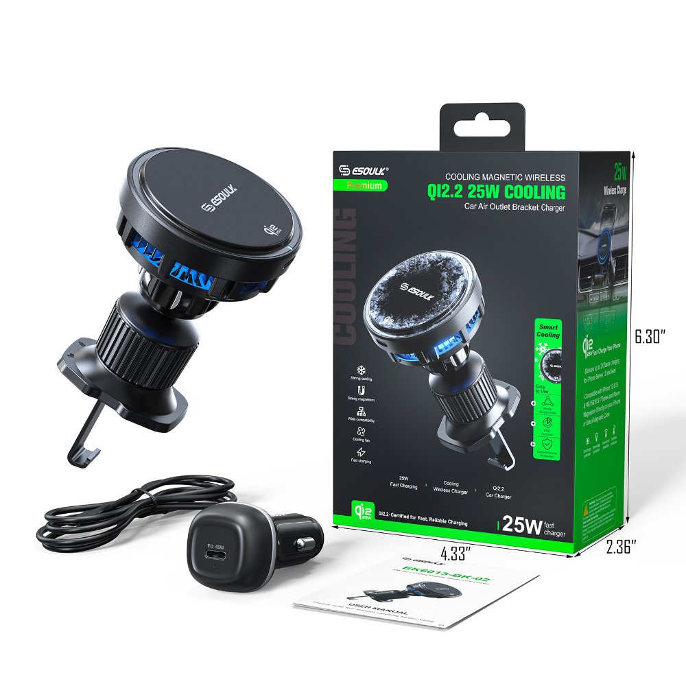 ESOULK HOLDER EK6013 Cargador inalámbrico magnético para carro con ventilación Qi2.2 de 25 W + Cargador 60w