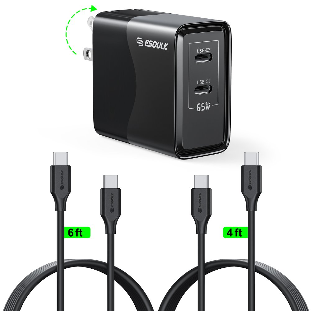 Cargador de pared GaN de 65 W con doble puerto USB-C + cable USB-C de 1,2 m y 1,8 m. EK-2005-CC