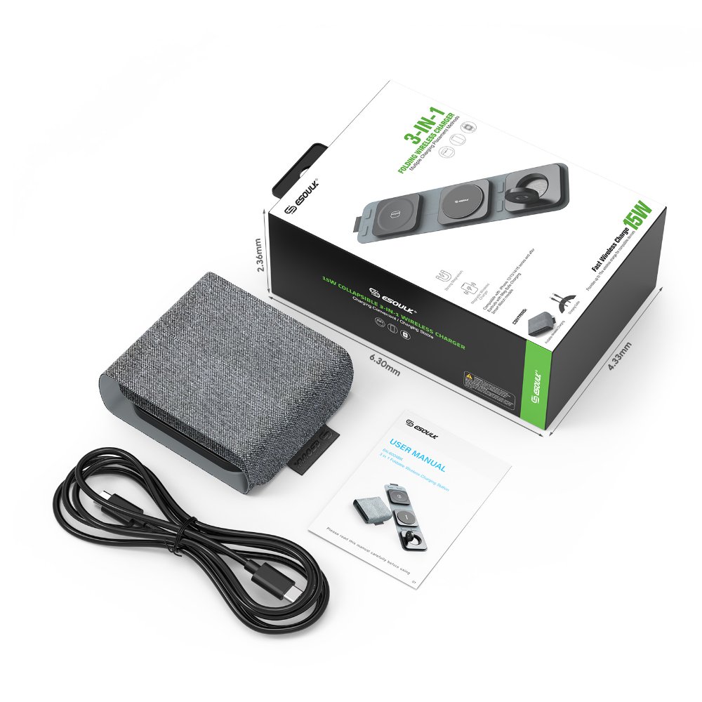Cargador inalámbrico magnético plegable 3 en 1 de 15 W EK-6004BK