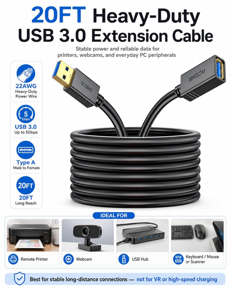 Cable de extensión USB 3.0 de 6 metros (20 pies), cable de alimentación de alta resistencia de 22 AWG, cable extensor USB.