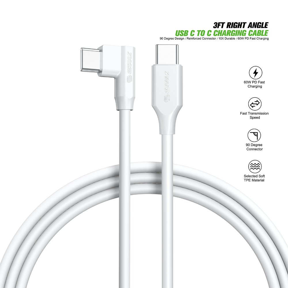 EK-1004WH 3Ft Right Angle USB-C To USB-C Charging Cable