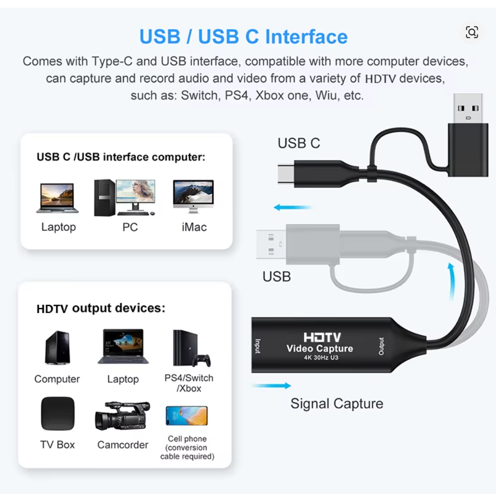 Capturadora de video Tipo C MS2130 HDMI 4K 60fps