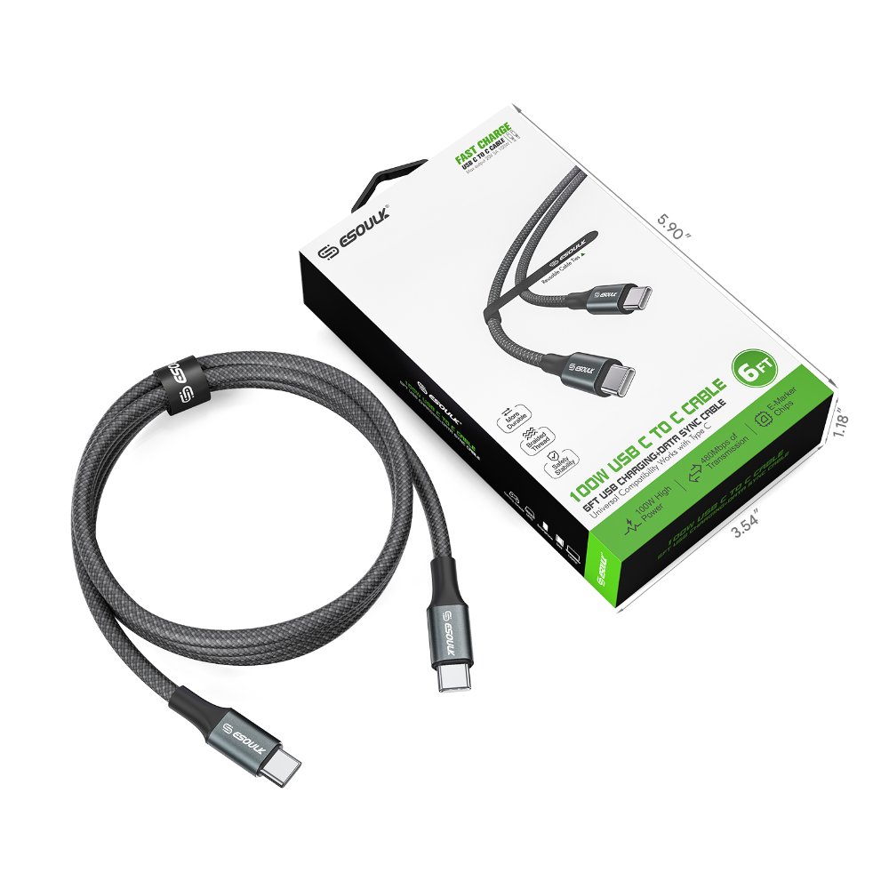 EK-1002BK 6Ft 100W USB-C To USB-C Charging & Data Sync Cable