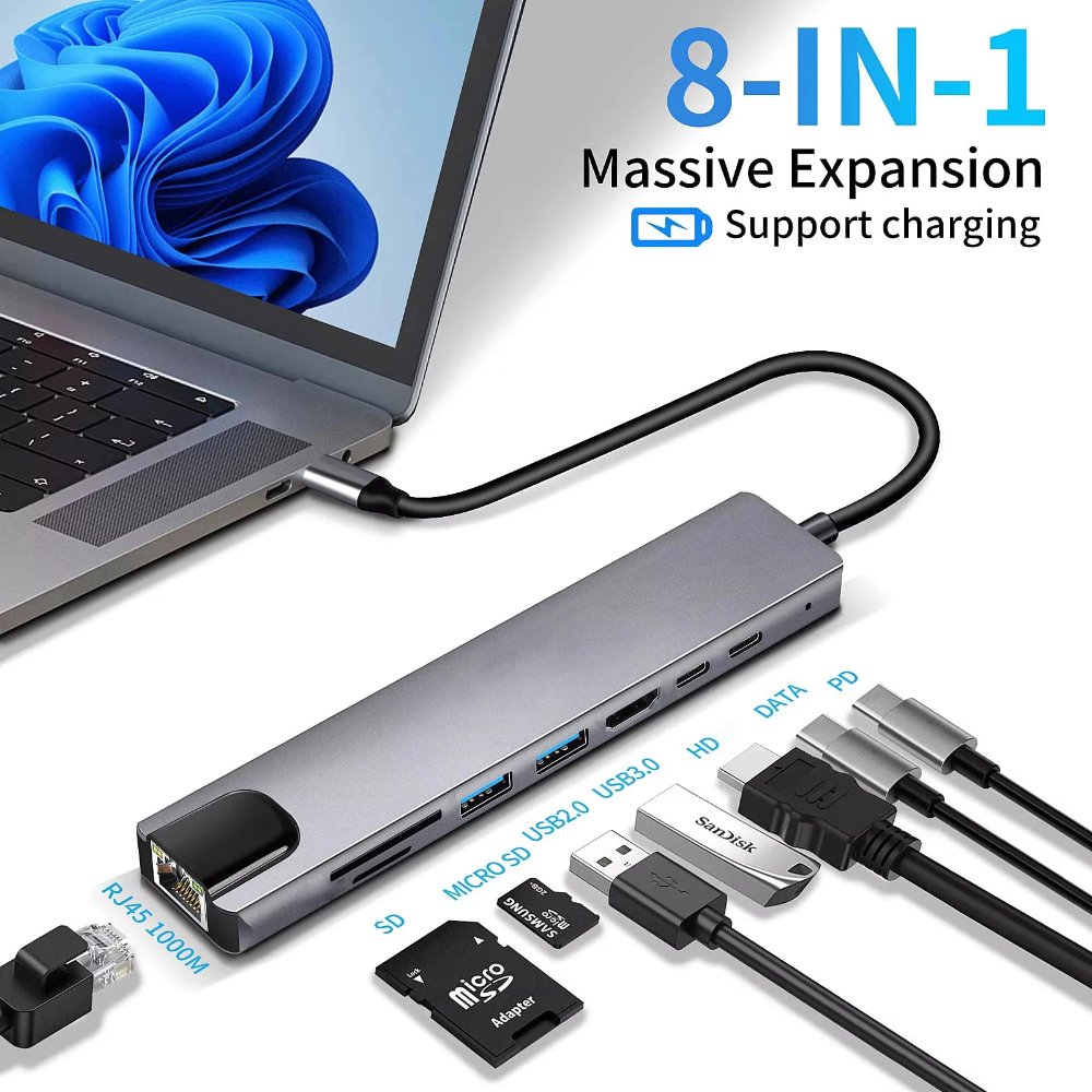 Hub USB-C 8 en 1, adaptador tipo C a HDTV 4K con lector de tarjetas SD/TF RJ45 y cargador rápido para MacBook, portátil y ordenador portátil Windows.