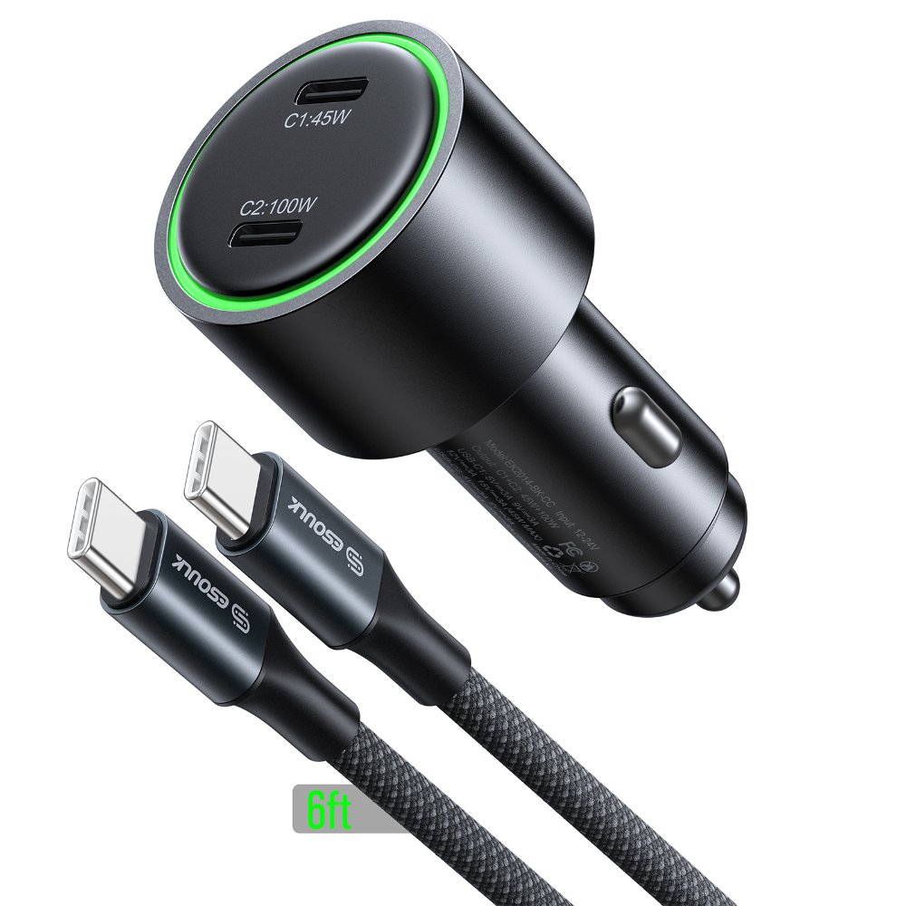 ESOULK EK2014-BK-CC  Cargador de carro de carga rápida de 145 W + cable USB-C trenzado de 100 W y 1,8 m (6 pies)