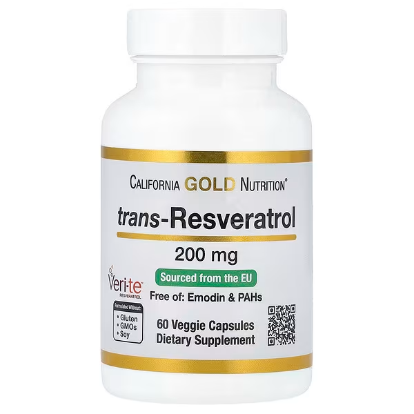 California Gold Nutrition, Trans-resveratrol, Producto de origen italiano, 200 mg, 60 cápsulas vegetales
