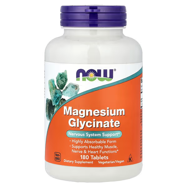 NOW Foods, Glicinato de magnesio, 180 comprimidos (100 mg por comprimido)