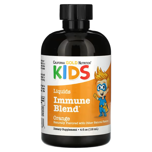 California Gold Nutrition, Mezcla líquida para favorecer el sistema inmunitario con extracto de hoja de olivo, extracto de hierba de San Juan y plata coloidal para niños, Naranja, 118 ml (4 oz. líq.)